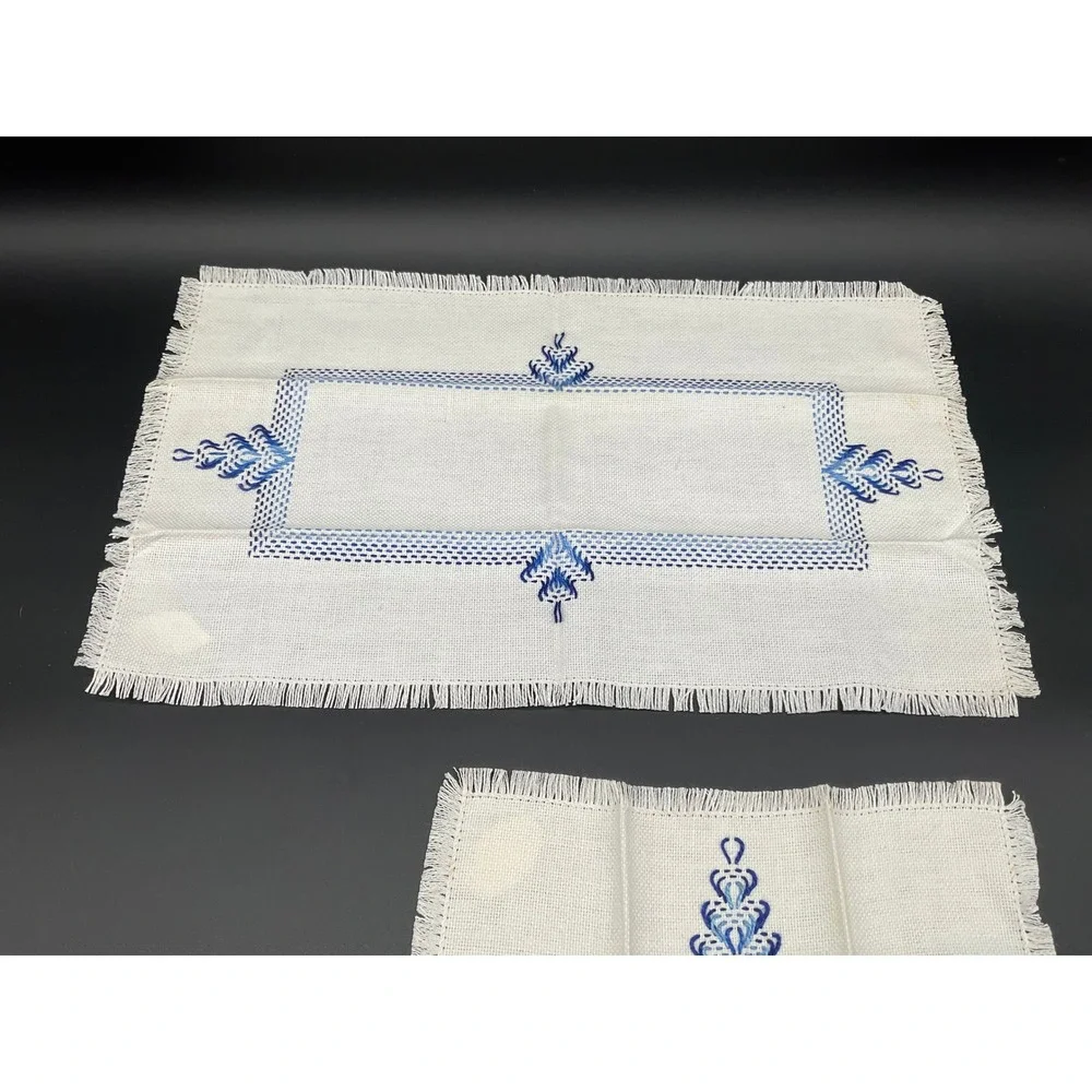 1950s Hand-Embroidered Korean Doily Pair with Blue Motif, Cottage Industry Label